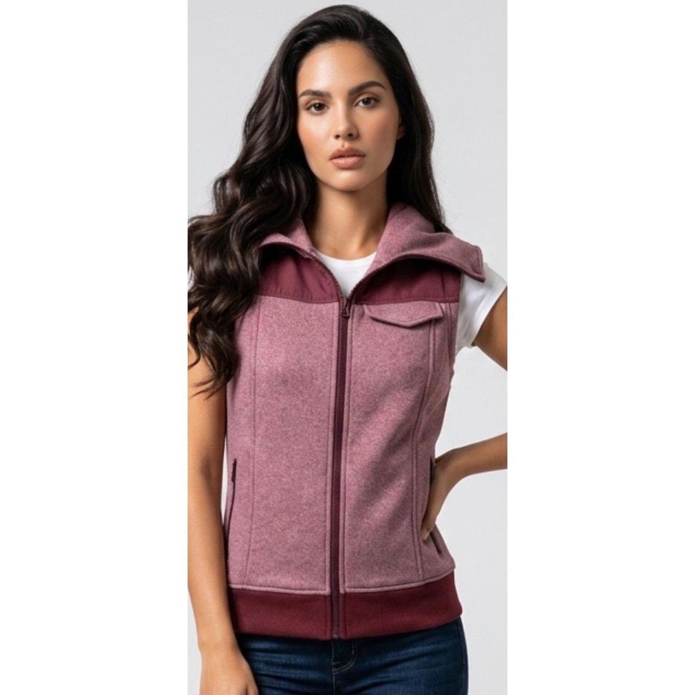 Burton Women Heathered Mauve Burgundy Hooded Fleece Vest Size Medium Full Zip